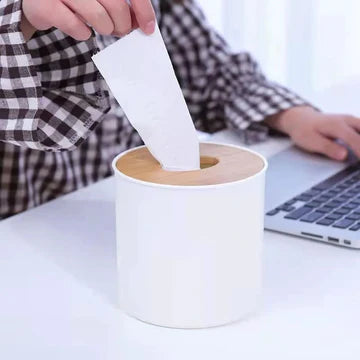 Round Tissue Box With Wooden Lid