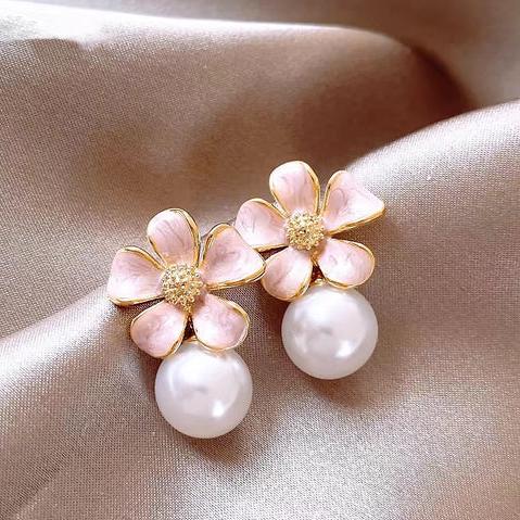 Pink Flower Pear Earrings