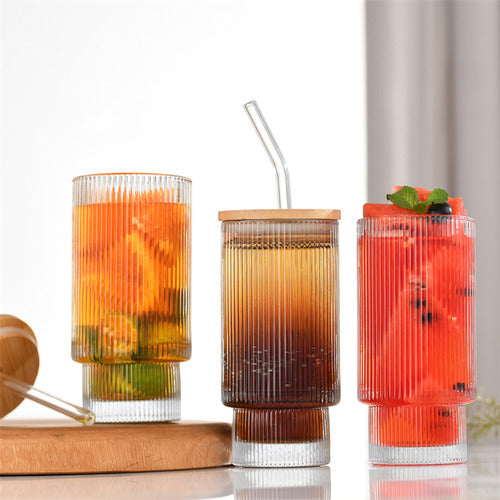 Ribbed Transaprent Glass with Bamboo Lid & Glass Straw