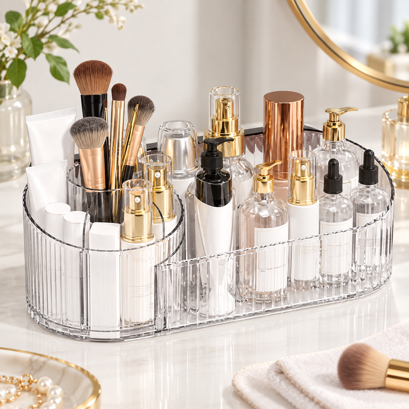 360° Rotating Makeup Organizer with Divided Storage